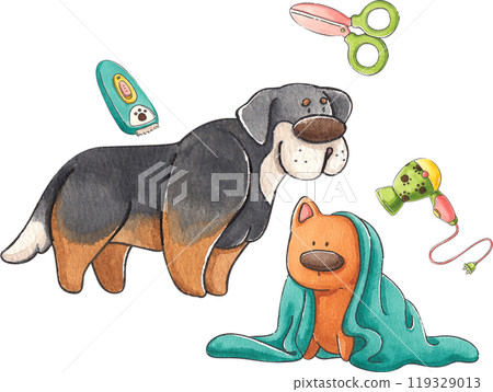 Black dog getting a haircut and brown dog with a towel on its head, hand-drawn watercolor composition 119329013