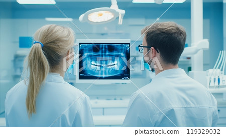 Medical professionals analyzing dental X-ray on screen in clinic. 119329032