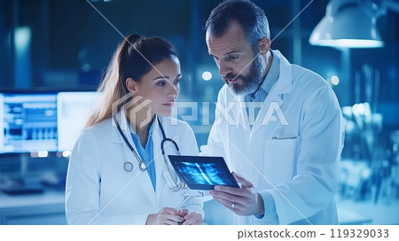 Medical professionals analyzing patient x-rays in a modern healthcare setting. 119329033