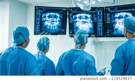 Medical team analyzing x-ray images in a modern operating room. Medical team analyzing x-ray images in a modern operating room. 119329037