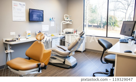 Modern dental office interior with equipment and comfortable seating. 119329047