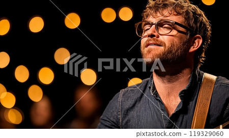 Musician performing on stage with warm lights and an engaged audience in background. 119329060