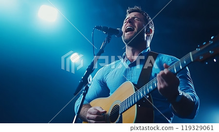 Musician performing passionately on stage with guitar, illuminated by blue lights. 119329061