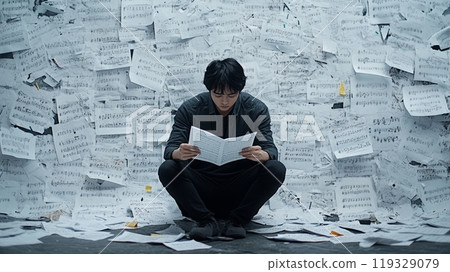 Person deeply focused on reading amidst scattered notes and papers. 119329079
