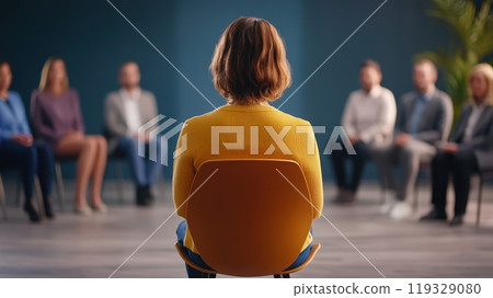 Person in a yellow sweater sitting in a group therapy session. 119329080