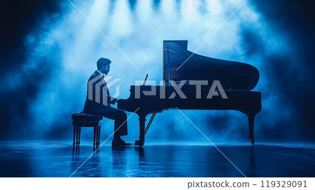 Pianist performing on stage under dramatic blue lighting, capturing the essence of music. Pianist performing on stage under dramatic blue lighting, capturing the essence of music. 119329091
