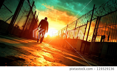 Silhouette of a person walking towards a sunset behind a barbed wire fence. 119329136