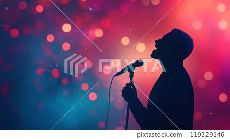 Silhouette of a singer with microphone against colorful bokeh background 119329146