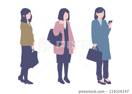 A woman commuting to work wearing a coat over her suit 119329147