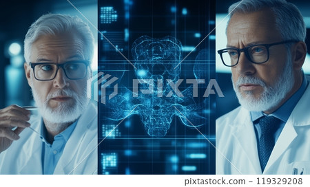 Two scientists analyzing medical data in a high-tech laboratory. 119329208