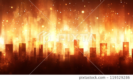 Fiery city skyline with vibrant hues and glowing lights, abstract digital art. 119329286