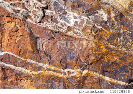 Textured granite stone with cracks and white stripes, ranging from white to orange-brown shades. The texture of the stone creates an interesting visual effect that emphasizes its natural beauty. 119329536