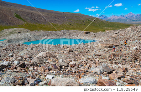 High mountain turquoise moraine lake high in the mountains among the rocks 119329549