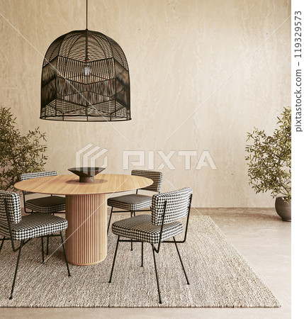 Elegant and modern dining space featuring stylish furniture alongside tasteful decor, 3d rendering Elegant and modern dining space featuring stylish furniture alongside tasteful decor, 3d rendering 119329573