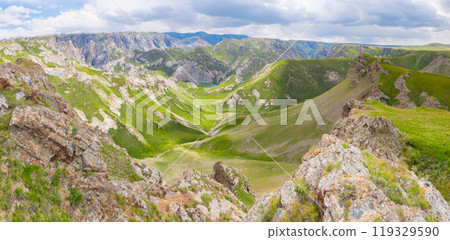 Panorama view from above of the winding Kokiya River in southern Kyrgyzstan in spring in clear weather 119329590
