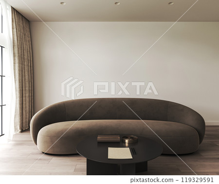 Contemporary modern living room featuring a stylish curved sofa and minimalist decor, 3d rendering 119329591