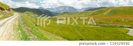 panorama of wide green valley in highlands of kyrgyzstan high mountains in the background, countryside suitable for grazing cattle 119329592