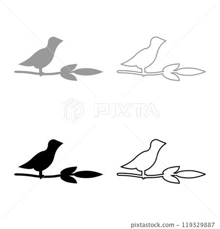 Bird on branch with leaves silhouette spring concept set icon grey black color vector illustration image solid fill outline contour line thin flat style Bird on branch with leaves silhouette spring concept set icon grey black color vector illustration image solid fill outline contour line thin flat style 119329887