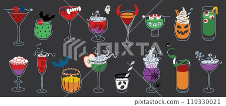 Halloween drinks collection, spooky party cocktails, vector illustration set of glasses with creepy garnish, sangria with eyeballs, vampire teeth, punch with dry ice, gothic celebration design Halloween drinks collection, spooky party cocktails, vector illustration set of glasses with creepy garnish, sangria with eyeballs, vampire teeth, punch with dry ice, gothic celebration design 119330021