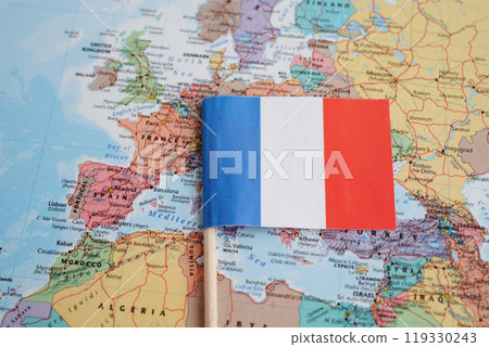Bangkok, Thailand May 15, 2023 France flag on world map. 119330243