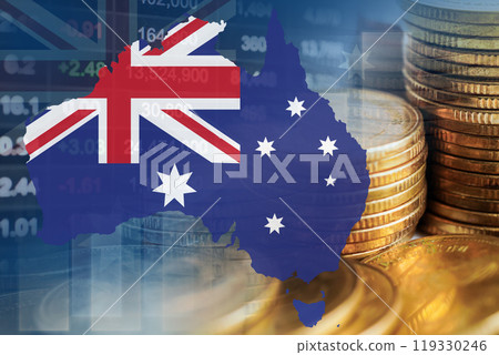 Australia flag with stock market finance, economy trend graph digital technology. 119330246