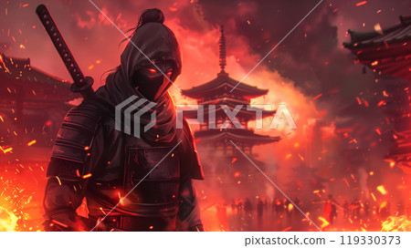 A red-eyed dark ninja stands in front of a burning temple 119330373