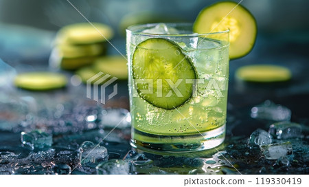 Refreshing cucumber cocktail served with ice on a cool, blue surface in a well lit environment 119330419