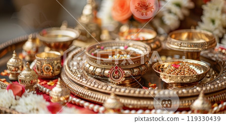 Decorative traditional Indian wedding rituals with ornate brass utensils and colorful decorations 119330439