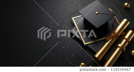 Graduation cap and rolled diploma on textured white, symbolizing celebration and achievement 119330467