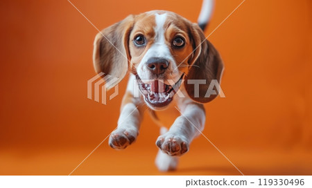 A playful beagle puppy joyfully leaps on a sunny day against a vibrant yellow backdrop A playful beagle puppy joyfully leaps on a sunny day against a vibrant yellow backdrop 119330496