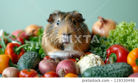 A guinea pig surrounded by fresh vegetables, including tomatoes and bell peppers, on a table A guinea pig surrounded by fresh vegetables, including tomatoes and bell peppers, on a table 119330498