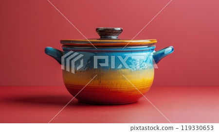 Colorful ceramic cooking pot with a vibrant design against a red background 119330653