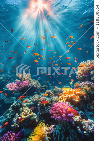 Colorful tropical fish swimming through vibrant coral reef during a sunny day 119330654
