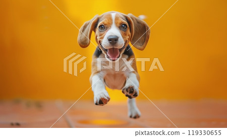 A playful beagle puppy joyfully leaps on a sunny day against a vibrant yellow backdrop 119330655