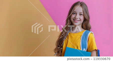 Happy student with a backpack holding books in front of a colorful background 119330670