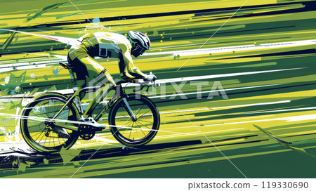 Dynamic cyclist racing through a challenging terrain during a vibrant sunset 119330690