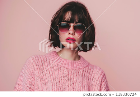 A young woman poses in a pink sweater and sunglasses against a pastel pink backdrop 119330724