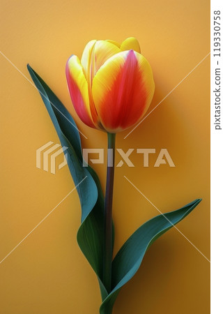 Bright yellow and red tulip against a vibrant yellow background during springtime bloom 119330758