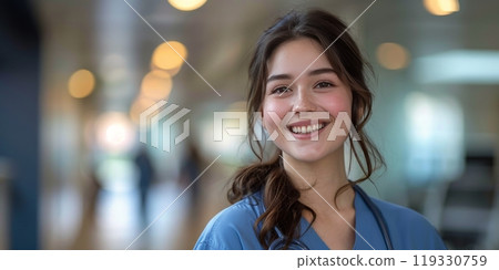 Smiling healthcare professional in a hospital setting with colleagues in the background 119330759