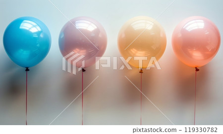 Colorful balloons in soft pastels decorate a bright room with natural light during the day 119330782