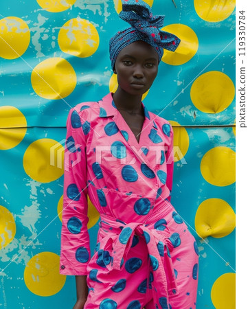 Bold fashion statement with vibrant colors at a tropical beach under sunny skies 119330784