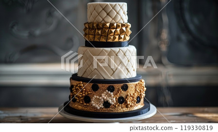 Elegant black and gold multi tiered cake displayed on a wooden table against a dark background 119330819
