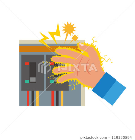 Illustration of a hand getting electrocuted by a switchboard Illustration of a hand getting electrocuted by a switchboard 119330894