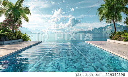 Tranquil infinity pool overlooking a serene lake surrounded by mountains at midday Tranquil infinity pool overlooking a serene lake surrounded by mountains at midday 119330896