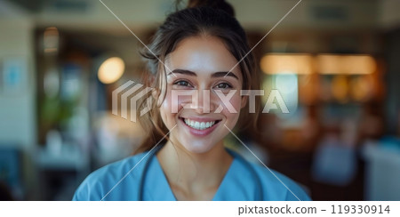 Smiling healthcare professional in a hospital setting with colleagues in the background 119330914
