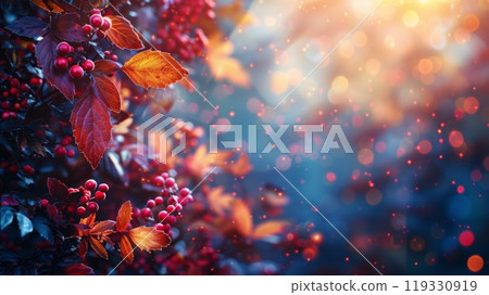 A vibrant autumn garden displaying colorful pumpkins and blossoming flowers amid soft mist 119330919