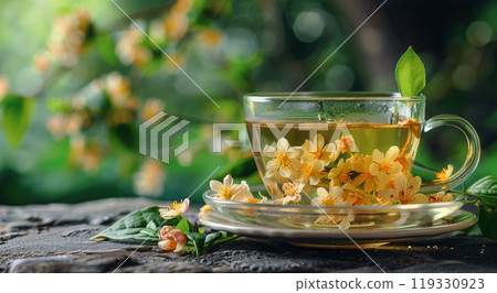 A cup of herbal tea adorned with blossoms in a serene garden setting during daytime 119330923