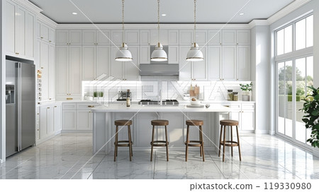 Modern white kitchen with marble countertops and wooden bar stools during daytime 119330980