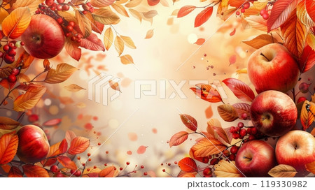 A vibrant autumn garden displaying colorful pumpkins and blossoming flowers amid soft mist 119330982