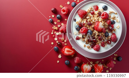 Healthy breakfast bowl with yogurt, banana, raspberries, and granola on a vibrant surface 119330997